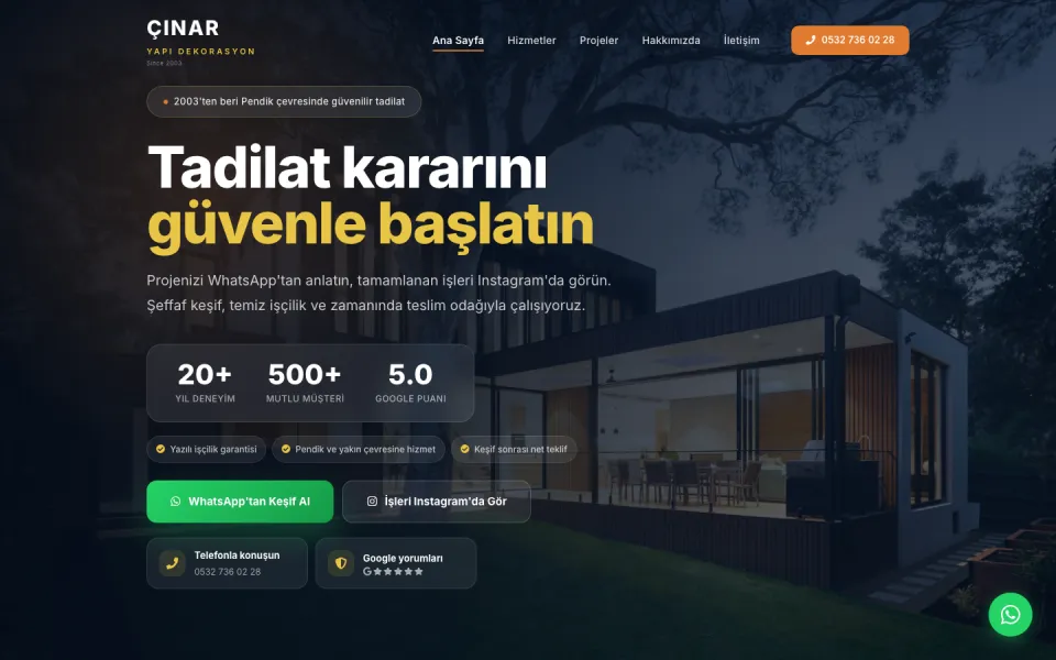 Home page of the Çınar Yapı Dekorasyon renovation website