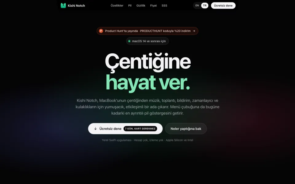 Website of the Kishi Notch macOS app